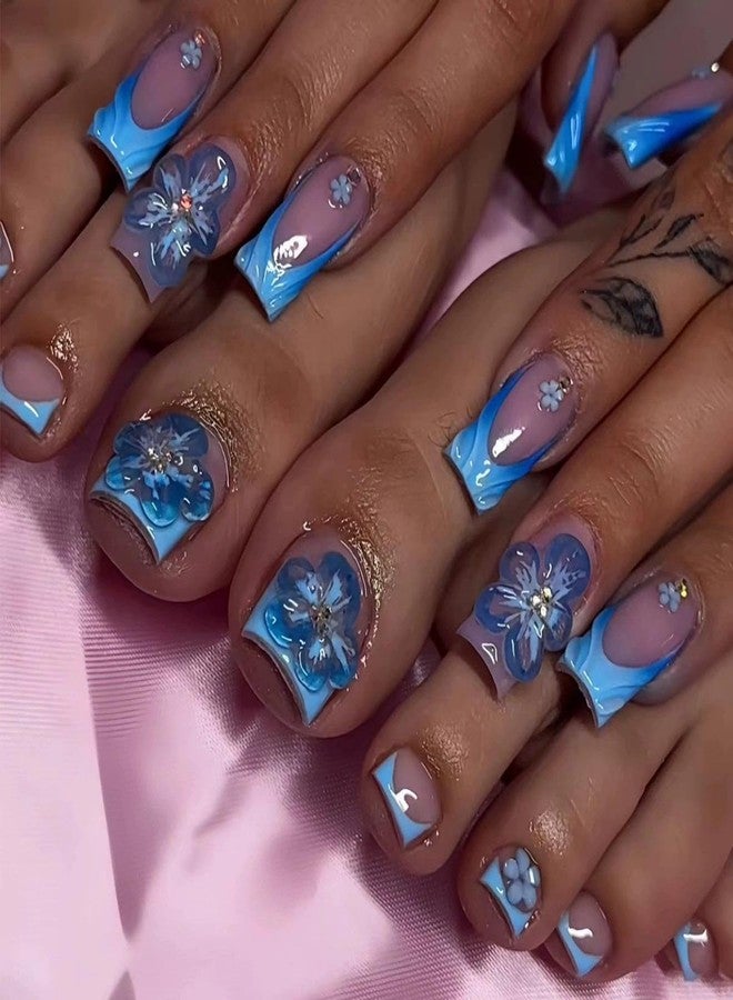 Sevgob 48Pcs Blue French Tips Press on Nails 3D Flower Press on Toenails Short Square Fake Nails with Flower Charm Design Floral False Toenails Glossy Reusable Summer False Nails for Women Girls Manicure - Image 1